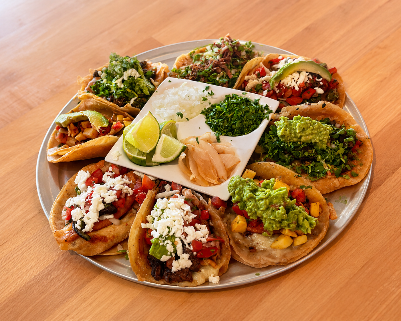 Platter of assorted tacos and tostadas topped with guacamole and cotija cheese