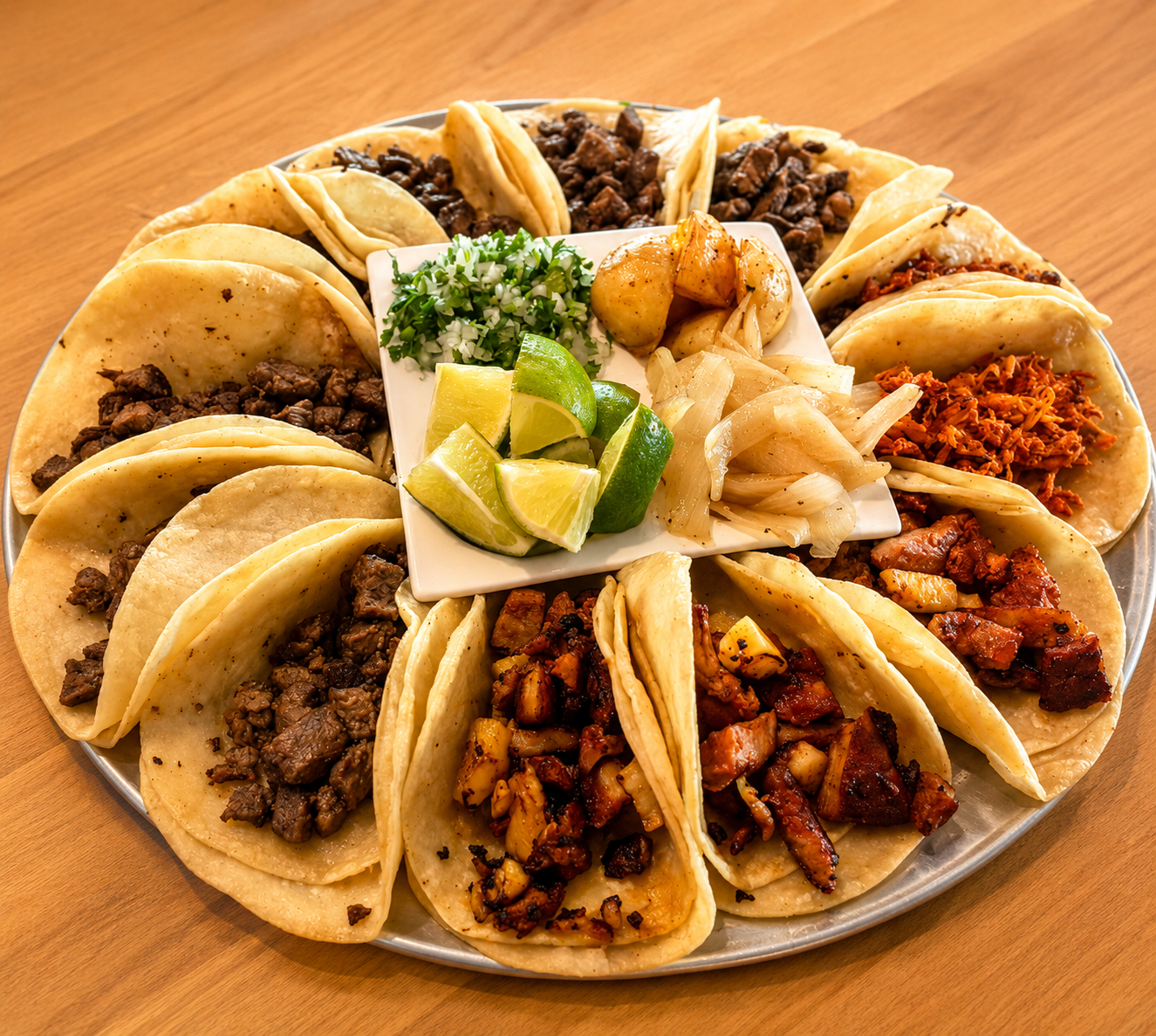 A platter of assorted Faustinos street tacos with carne asada, al pastor, lime and cilantro