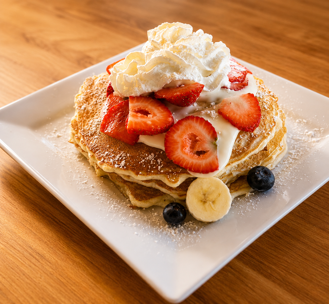 Fluffy pancakes topped with strawberries, banana and whipped cream